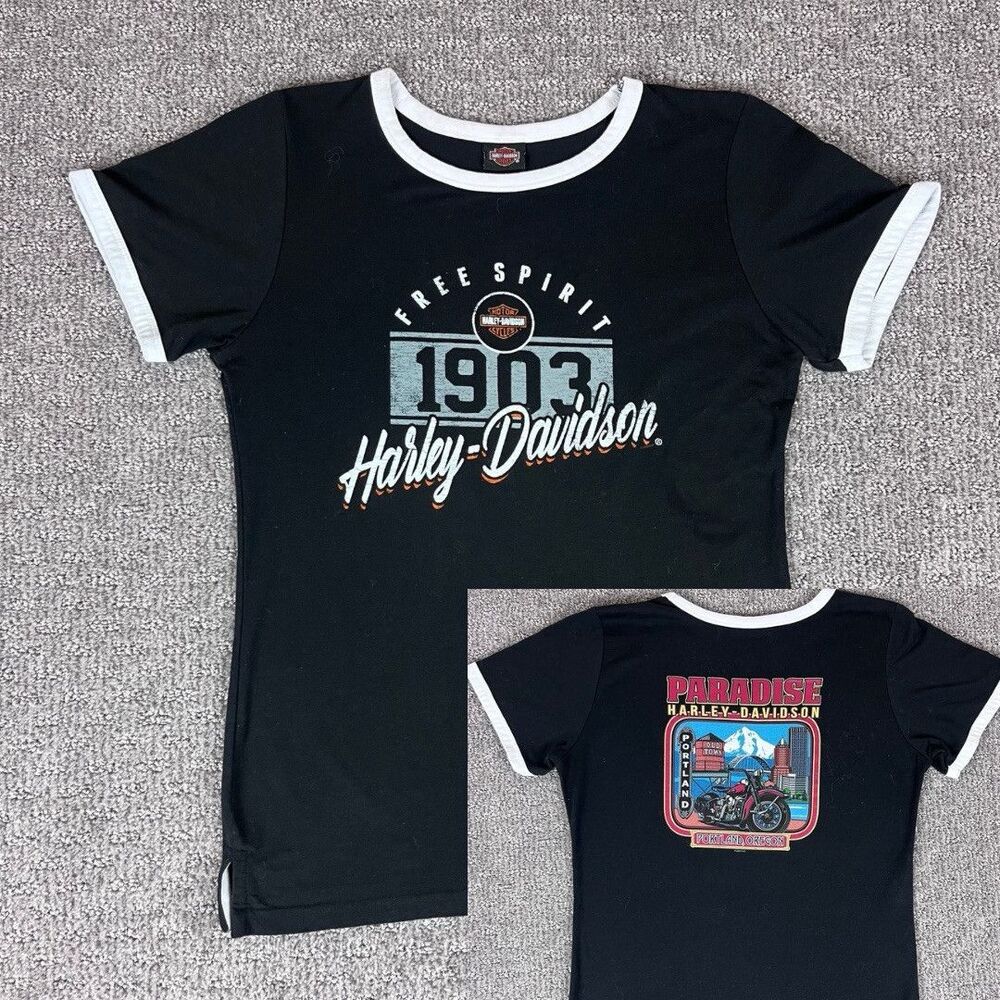 Harley Davidson Shirt Womens Small Ringer Tee Biker Motorcycle Portland Oregon